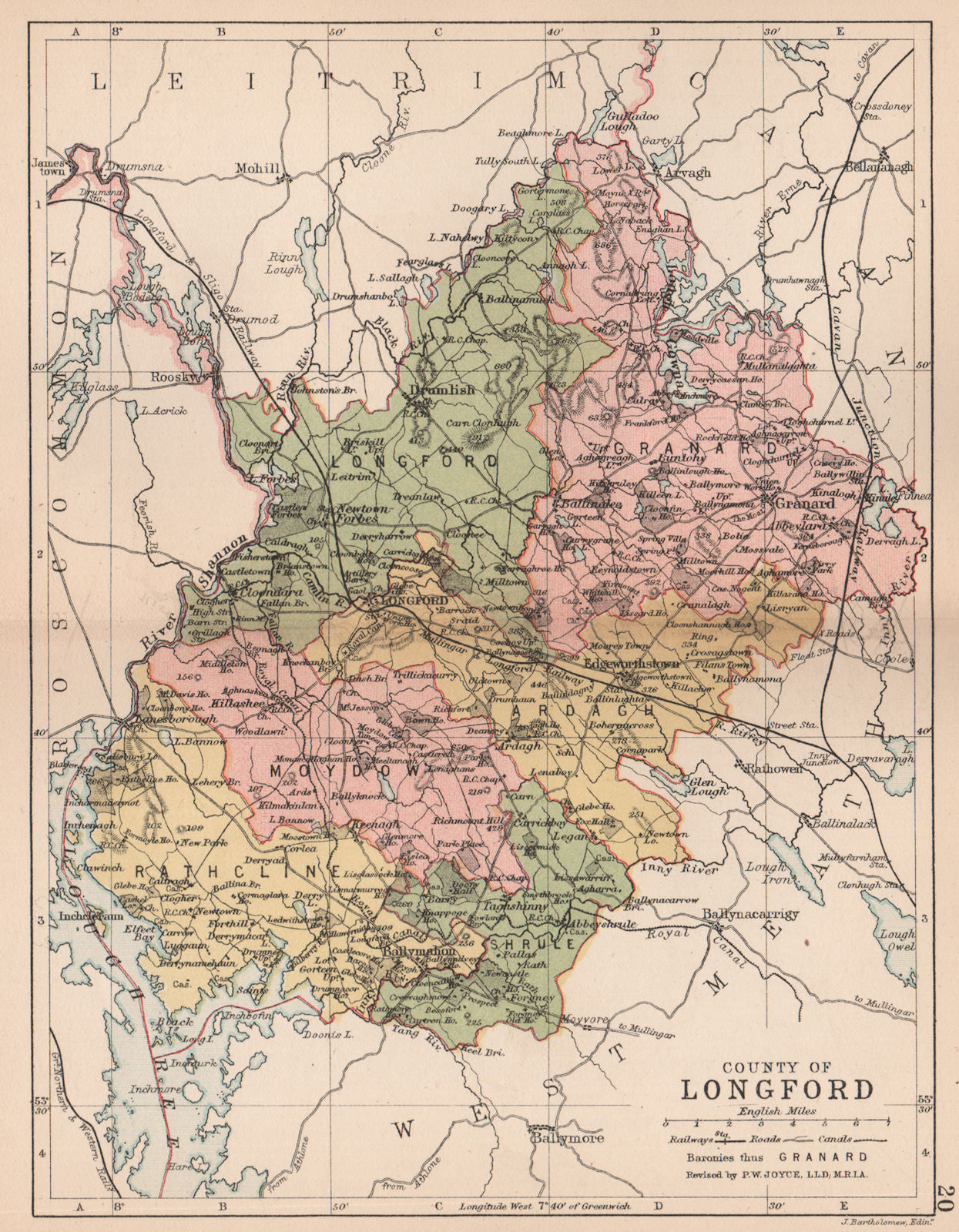 COUNTY LONGFORD. Antique county map. Leinster. Ireland. BARTHOLOMEW 1882